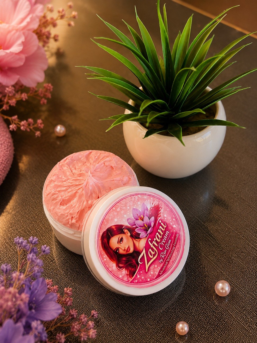 Rimglam Zafrani Cream lifestyle — saffron beauty cream with flowers and candle